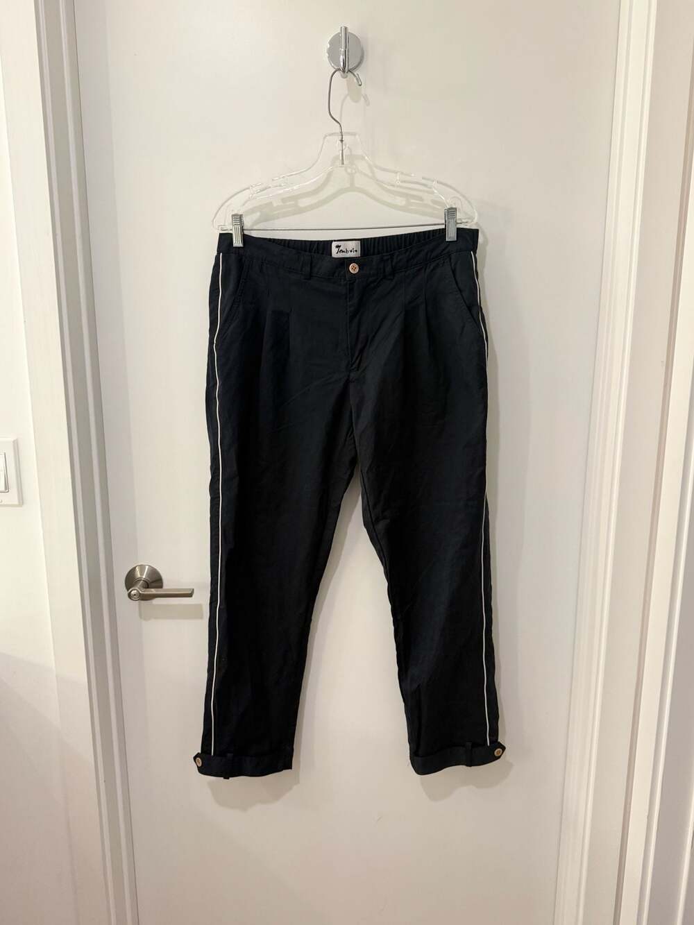 Tombolo Navy Blue Tapered Tuxedo-Style Trousers with White Piping